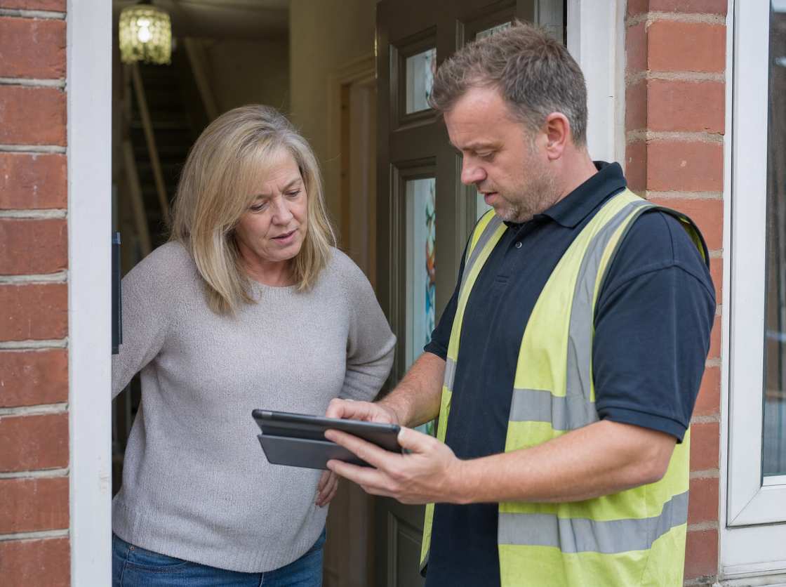 A tradesman in a hi-vis vest going through a job on a tablet with a homeowner at her front door.