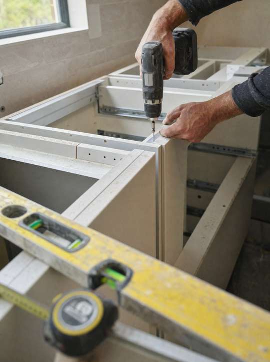 A kitchen fitter drilling a new base unit into place during an installation.