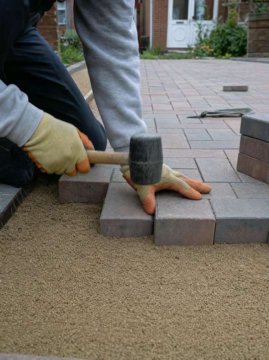 A landscaper laying block paving on a sand bed with a rubber mallet.
